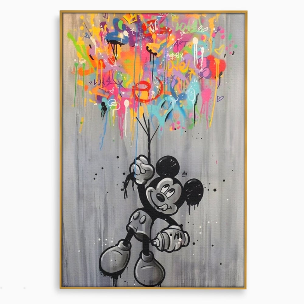 Tablou canvas cu tablou canvas cu mickey mouse si baloane, in rama de aluminiu auriu
